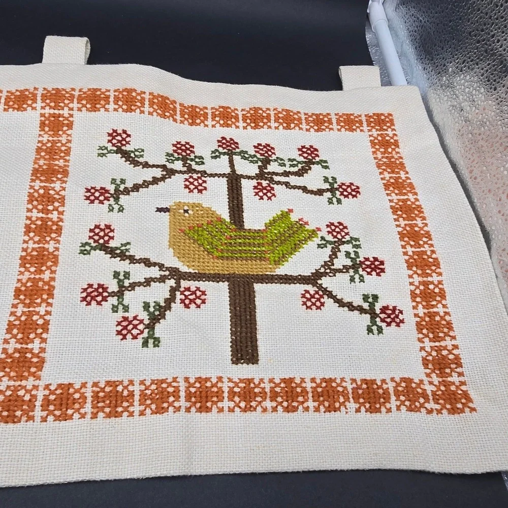 Vintage Handmade Needlepoint Bird Wall Hanging Cross Stitch Folk Art 3 Panel